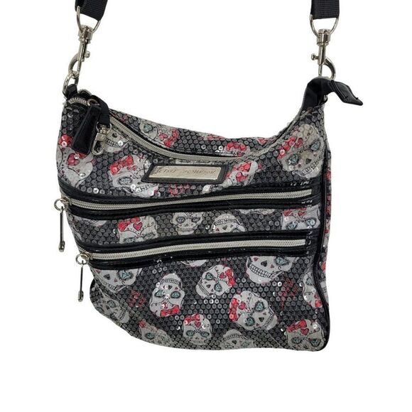 Betsy Johnson Silver Black Sequin Skull Multi Zipper Shoulder Crossbody Bag - Picture 1 of 11